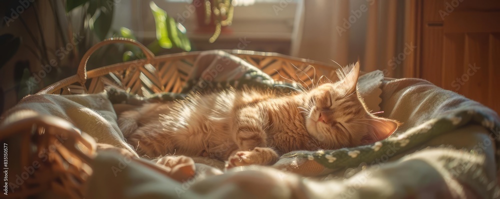 A cute tabby kitten peacefully sleeping in a cozy bed, bathed in warm sunlight coming through the window. A cute tabby kitten peacefully sleeping in a cozy bed, bathed in warm sunlight coming through the window.