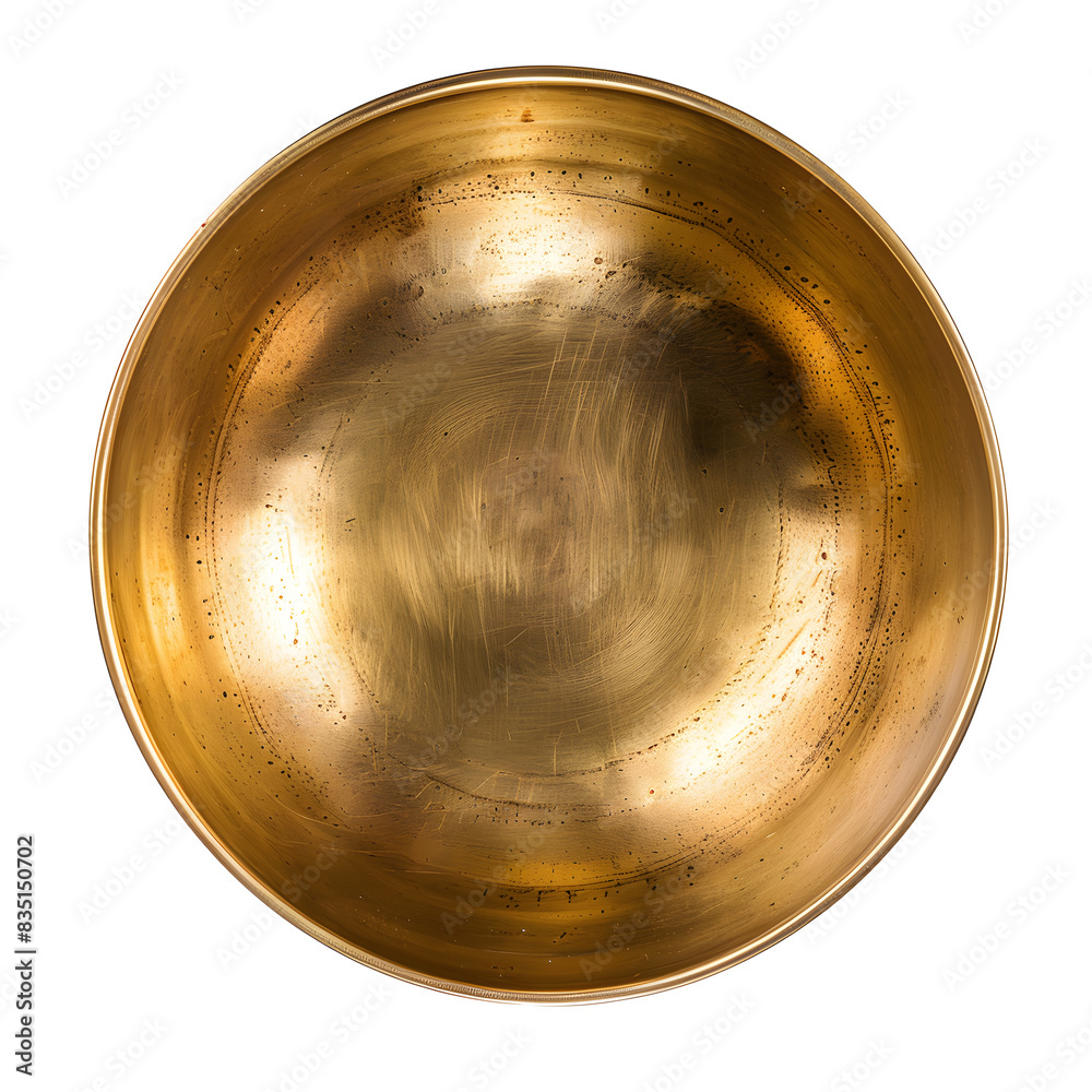 Golden brass bowl, top view, isolated on white background Golden brass bowl, top view, isolated on white background