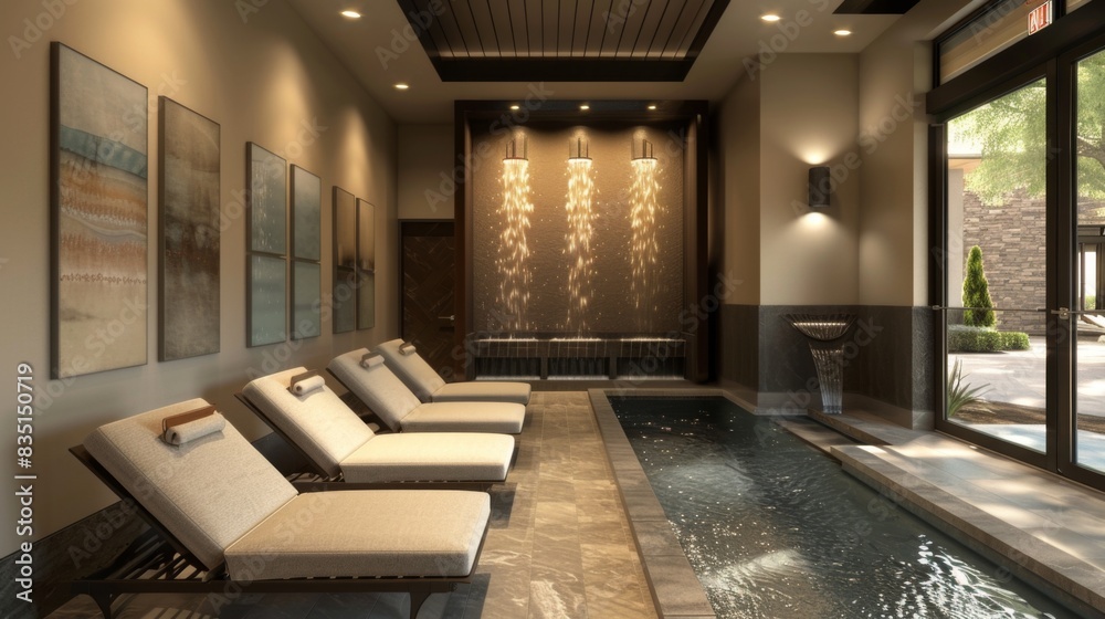 A peaceful spa lounge with comfortable seating, soft lighting, and refreshing infused water for guests to enjoy before or after treatments. A peaceful spa lounge with comfortable seating, soft lighting, and refreshing infused water for guests to enjoy before or after treatments.