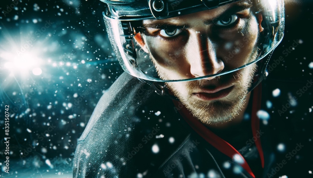 Intense Hockey Player in Action with Snow Spray Intense Hockey Player in Action with Snow Spray