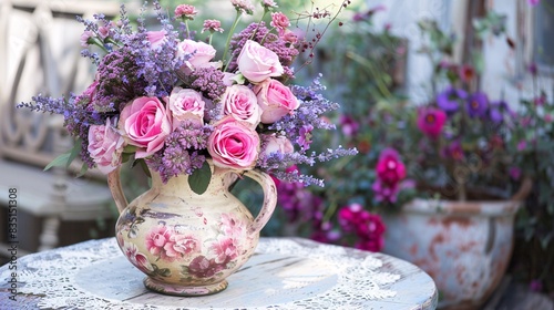 A romantic display of soft pink roses and fragrant lavender, evoking feelings of love and tenderness, arranged in a vintage-inspired ceramic pitcher on a lace-covered bistro table in a quaint outdoor photo