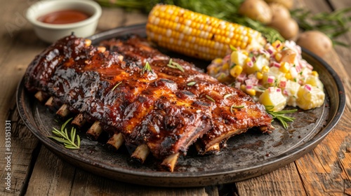 A platter of Cajun-style grilled pork ribs seasoned with spicy rub, served with corn on the cob and potato salad, on a rustic wooden table.