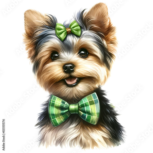 Adorable Yorkshire Terrier with green bows, smiling and looking cute. Ideal image for pet lovers, dog-themed projects, or greeting cards. photo