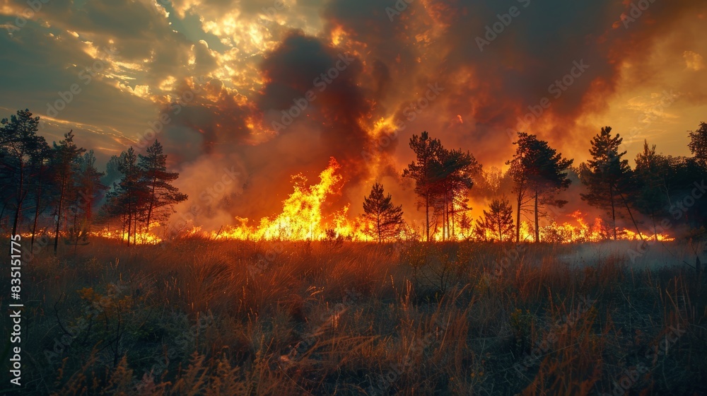 Fototapeta premium Fierce wildfire in a meadow, grass and trees consumed by flames, thick smoke obscuring the sky, an ecological emergency