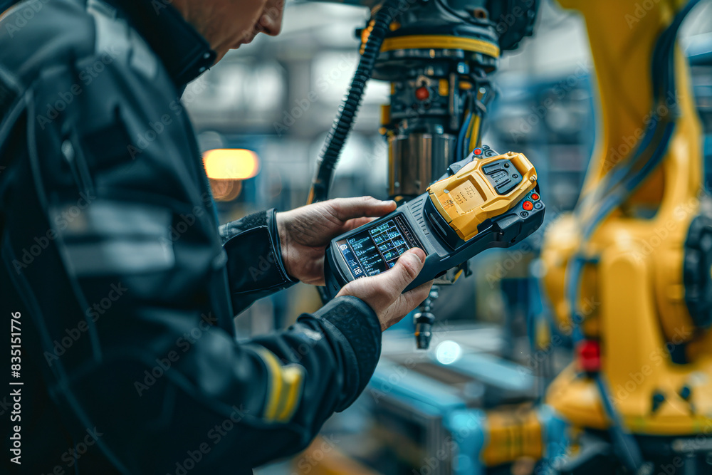 the technician hands as he operates the handheld device to control the robot the technician hands as he operates the handheld device to control the robot
