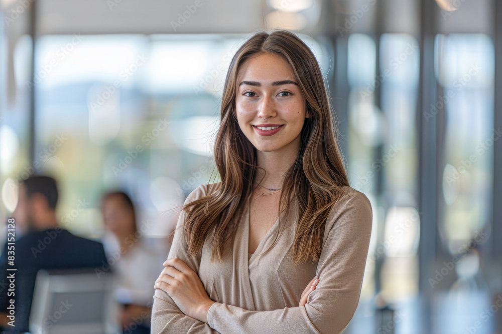 Confident Young Woman in Vibrant Office Setting Emphasizing Collaboration and Leadership Confident Young Woman in Vibrant Office Setting Emphasizing Collaboration and Leadership