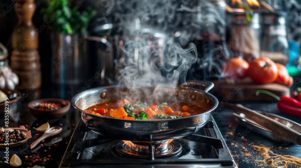 A rustic kitchen scene with a pot of simmering Tom Yum Goong soup on a gas stove, surrounded by ingredients and utensils, with steam rising and aromas filling the air A rustic kitchen scene with a pot of simmering Tom Yum Goong soup on a gas stove, surrounded by ingredients and utensils, with steam rising and aromas filling the air