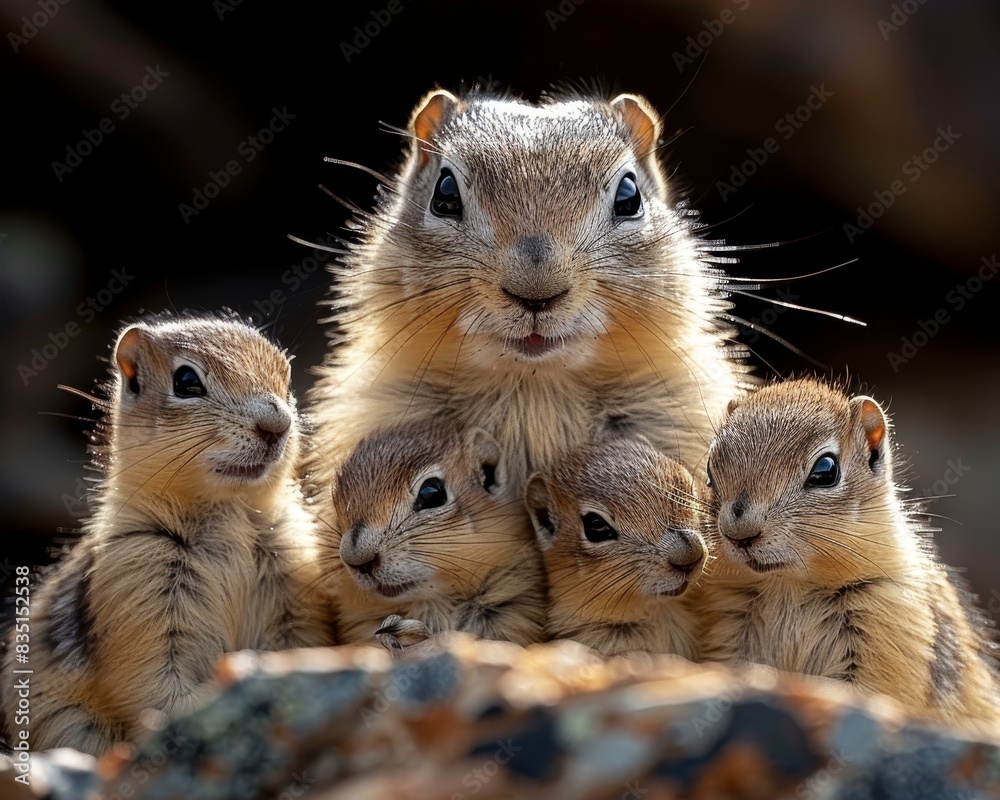 A family of adorable prairie dogs huddled together, showcasing their close bond and natural habitat in a captivating portrait.