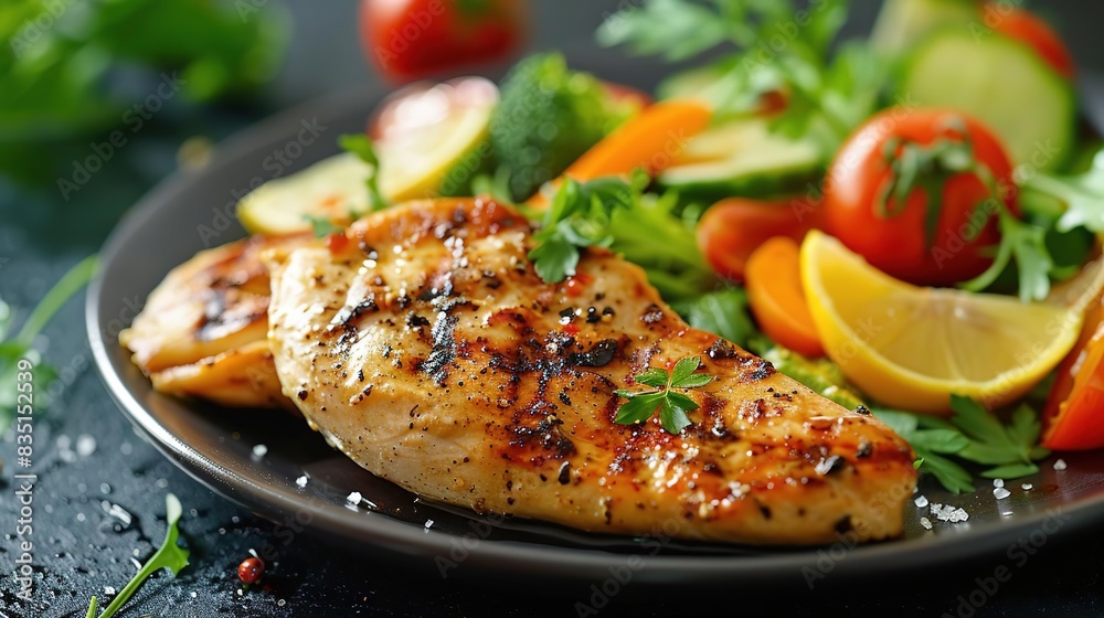 Grilled chicken breast with fresh salad, healthy and delicious meal. Grilled chicken breast with fresh salad, healthy and delicious meal.