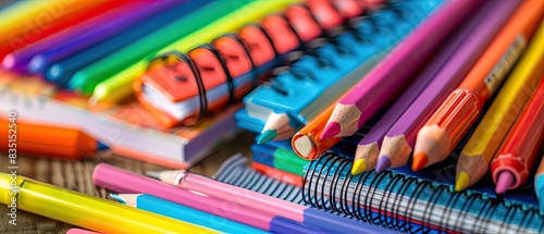 Assortment of colorful stationery on a desk, creativity, close up, study theme, vibrant, overlay, student desk backdrop