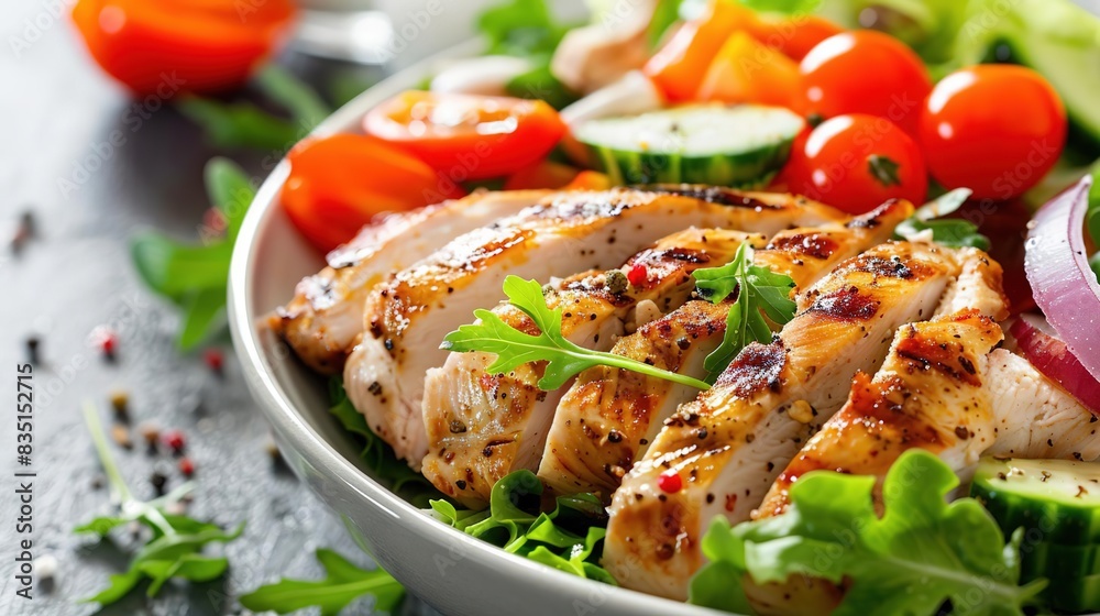 Grilled chicken breast salad with fresh vegetables and arugula. Grilled chicken breast salad with fresh vegetables and arugula.