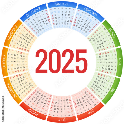 Calendar circle, spiral, planner for 2025. Vector Stationery Design Print 2025 Template with Place for Photo, Your Logo and Text. calendar design 2025
