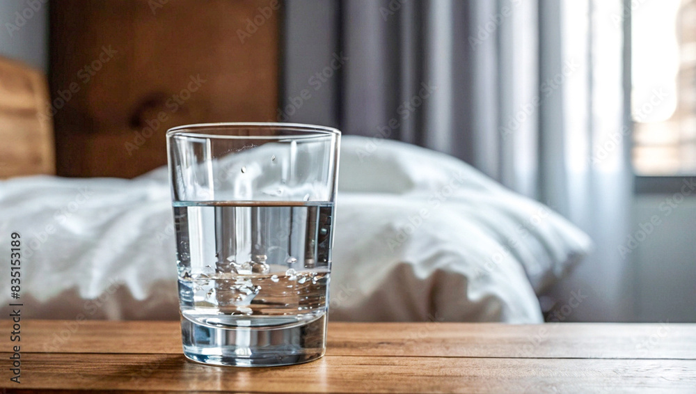 The wooden table is next to the bed.There was an empty glass of water on the table. Drinking water in the morning benefits.concept Health Fitness Drinking water and getting adequate sleep. The wooden table is next to the bed.There was an empty glass of water on the table. Drinking water in the morning benefits.concept Health Fitness Drinking water and getting adequate sleep.