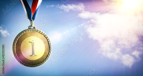 Golden metal medal with blue sky background and sun flare
