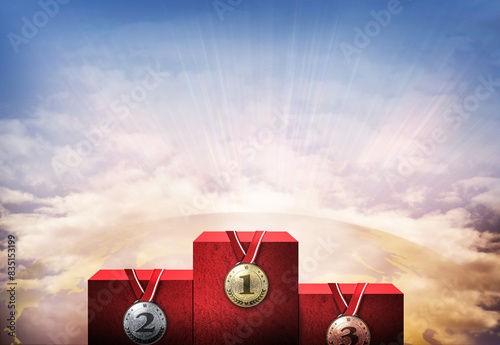 Red podium with medals with world background and sky
