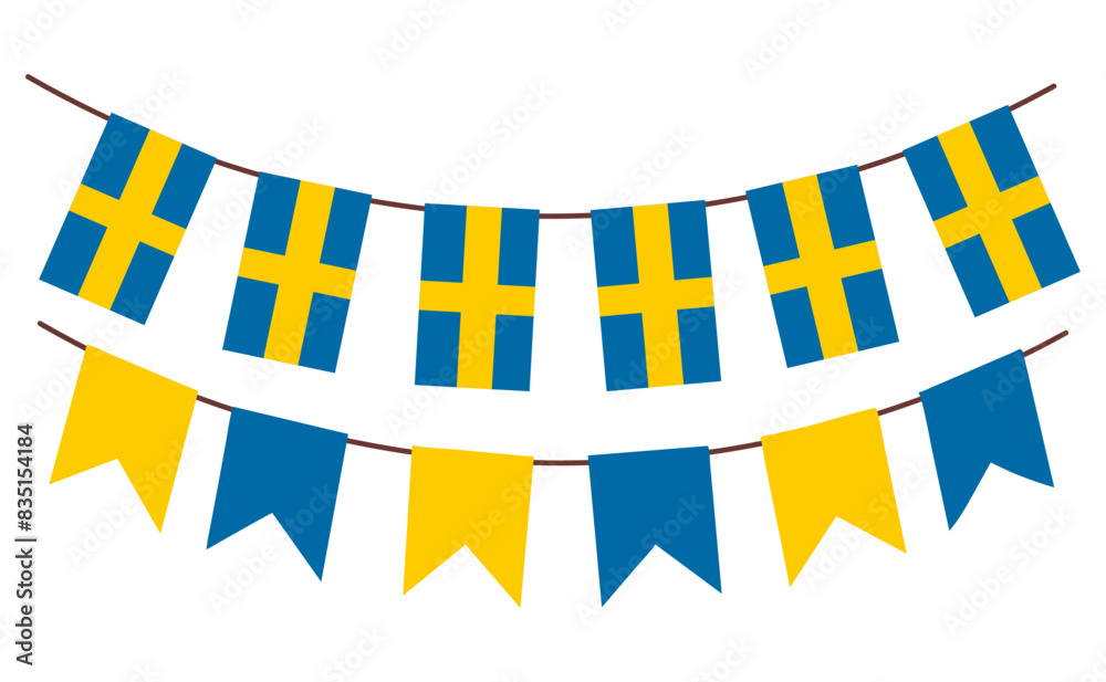 swedish flags garland, bunting garland, vector illustration, isolated on white
