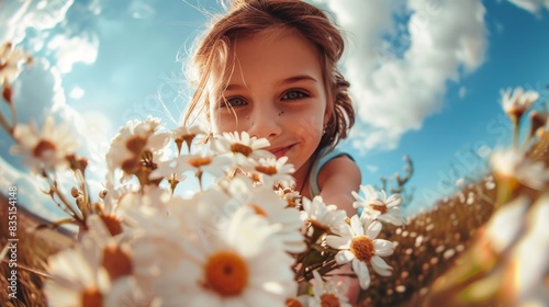 A young girl in a field of white flowers