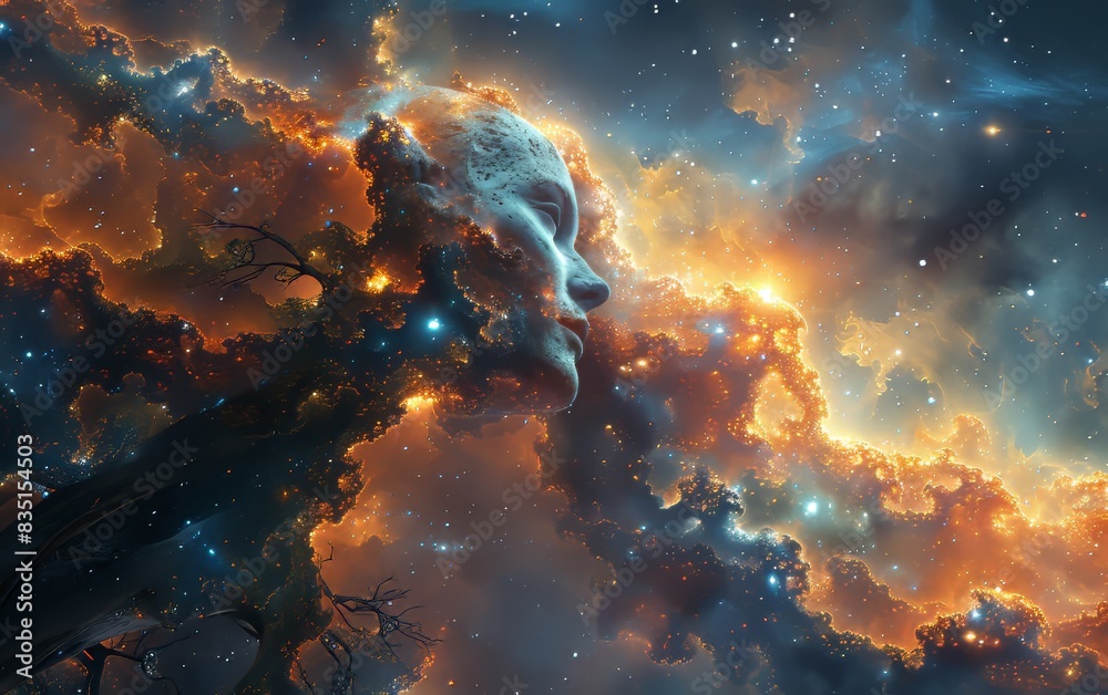 Surreal depiction of a nebula forming a human face in the cosmos, blending fantasy with the wonders of outer space.