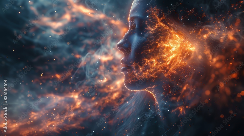 Surreal portrait of a woman's face intertwined with fiery and cosmic elements, blending nature and space in a stunning visual art piece. Surreal portrait of a woman's face intertwined with fiery and cosmic elements, blending nature and space in a stunning visual art piece.