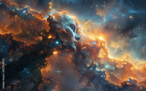 Surreal depiction of a nebula forming a human face in the cosmos  blending fantasy with the wonders of outer space.