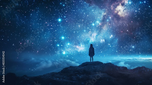 A woman stands on a hill looking up at the stars