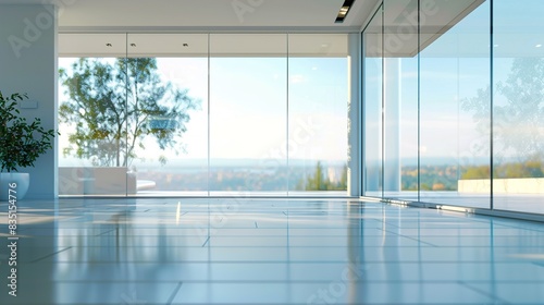 Interior closeup of a glass wall with floor-to-ceiling windows, capturing the natural light streaming in and the minimalist frame design.