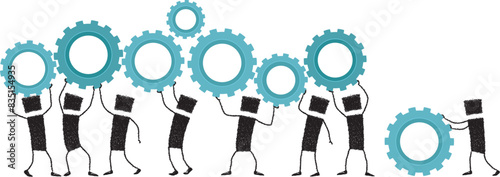 Building a great team, stick figure. Illustration of a large group of stick figures lifting gears above their heads. Working together, they achieve success.