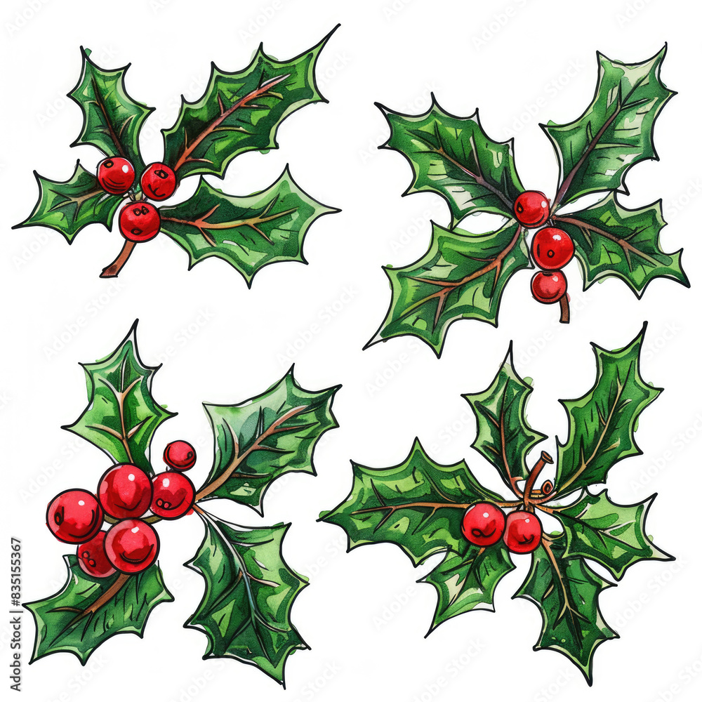 Holly leaves and berries illustration for Christmas and holiday art projects Holly leaves and berries illustration for Christmas and holiday art projects
