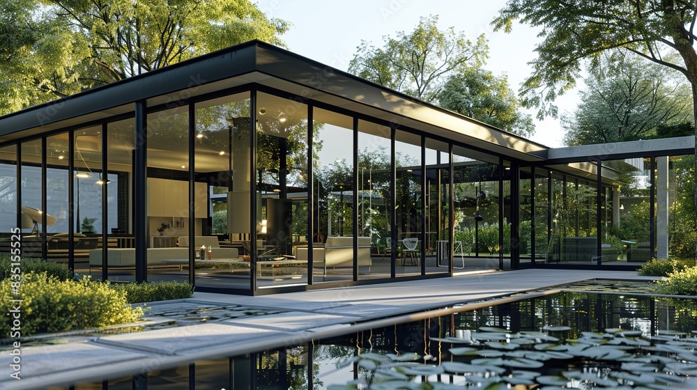 The intersection of glass and steel in a contemporary glass house exterior, highlighting the architectural joints and transparency. The intersection of glass and steel in a contemporary glass house exterior, highlighting the architectural joints and transparency.