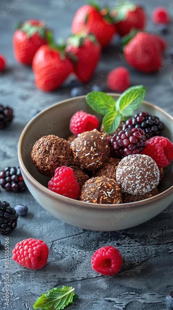 Chocolate coconut balls with fresh raspberries, blackberries, and blueberries. Chocolate coconut balls with fresh raspberries, blackberries, and blueberries.