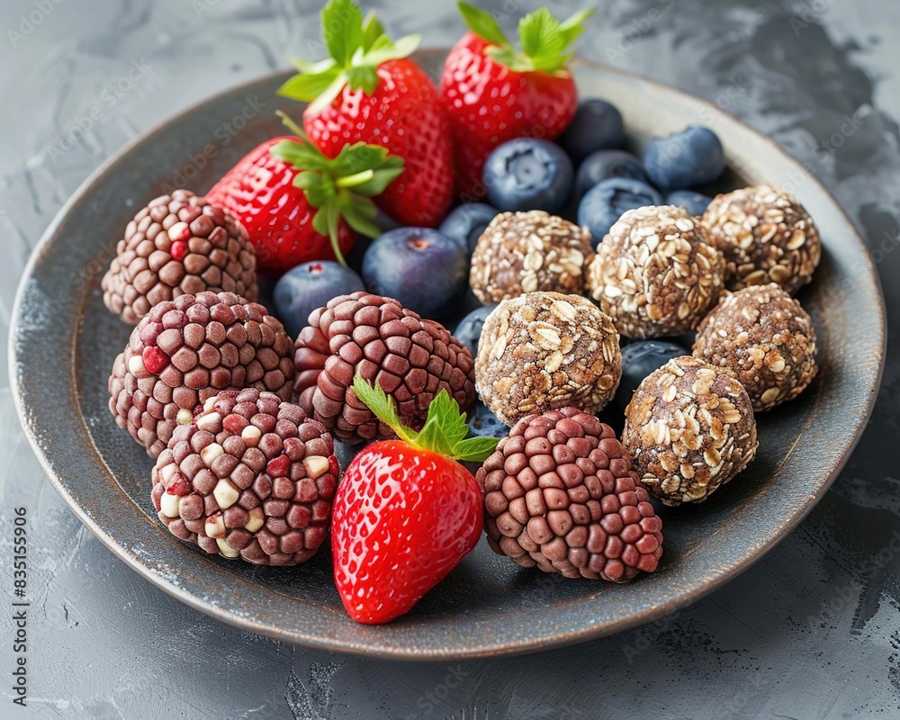 Plate of fresh berries and energy bites, perfect for a healthy snack. Plate of fresh berries and energy bites, perfect for a healthy snack.