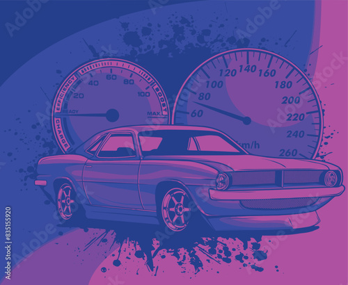 vector illustration of customized muscle car with dashboard