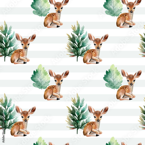 Cute seamless pattern with deer and trees. Forest wildlife backgrounds. Watercolor woodland