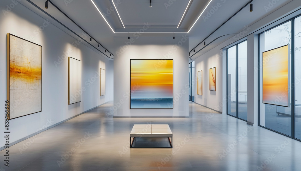 Dynamic Avant Art Gallery mockup showcasing modern lenticular art in a sleek, minimalist setting, emphasizing motion and visual transformation, Dynamic Avant Art Gallery mockup showcasing modern lenticular art in a sleek, minimalist setting, emphasizing motion and visual transformation,