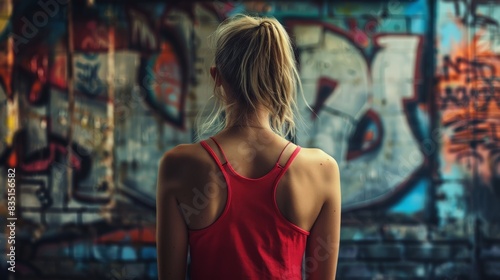 Woman with blonde hair in red tank top standing in front of colorful graffiti wall, showcasing urban street art culture.