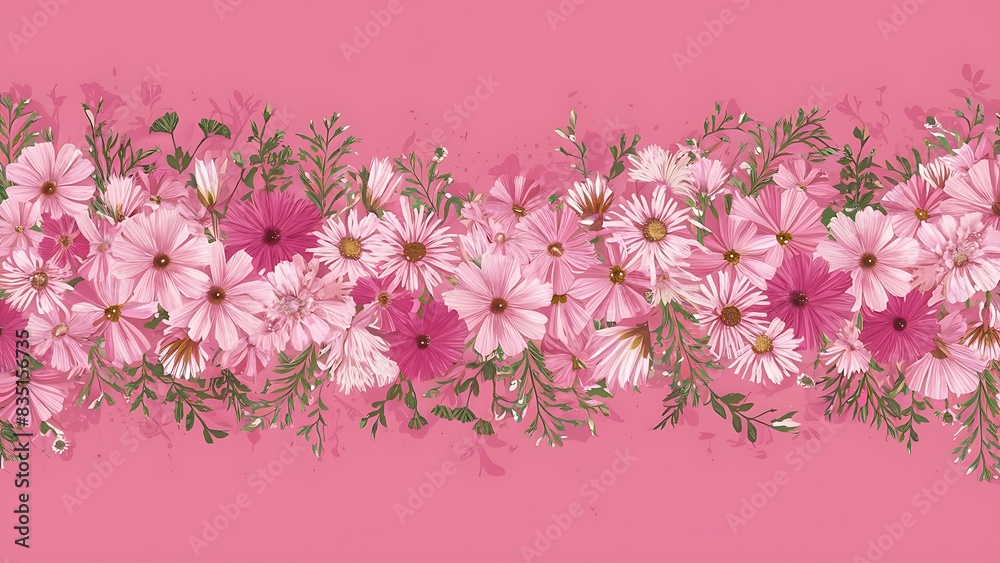 Border of flowers on a pink background beautiful eustomas floral background of flowers and leaves