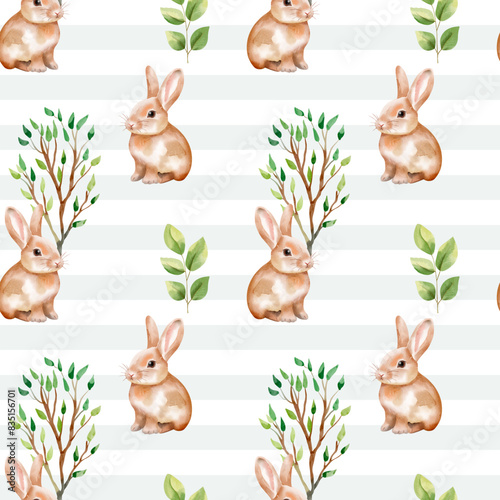 Seamless pattern with watercolor bunny and trees. Cute rabbit. Animal wildlife backgrounds.