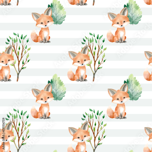 Seamless pattern with watercolor fox and trees. Cute woodland. Animal wildlife backgrounds.