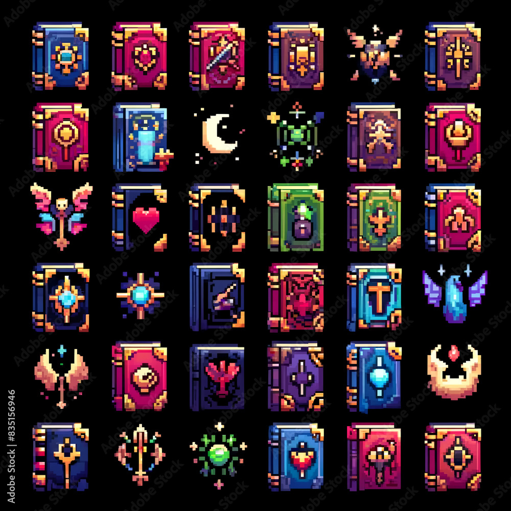 Obraz premium Pixel Art RPG Magical Books Sprite Sheet