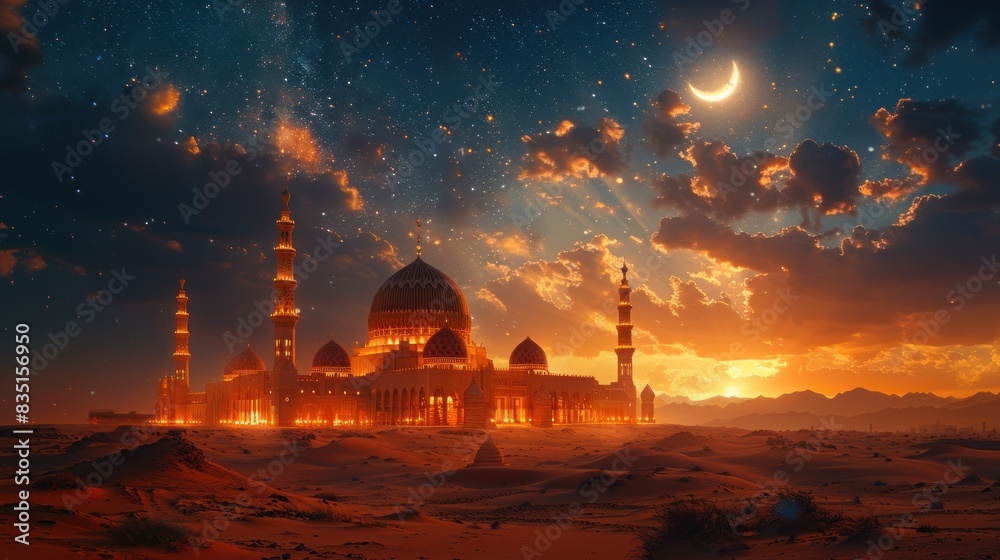 Obraz premium A serene moonlit desert scene with a mosque made of sandstone, stars twinkling above