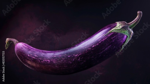 Close-up of a vibrant purple eggplant with a smooth texture, set against a dark background, showcasing its natural beauty and freshness.