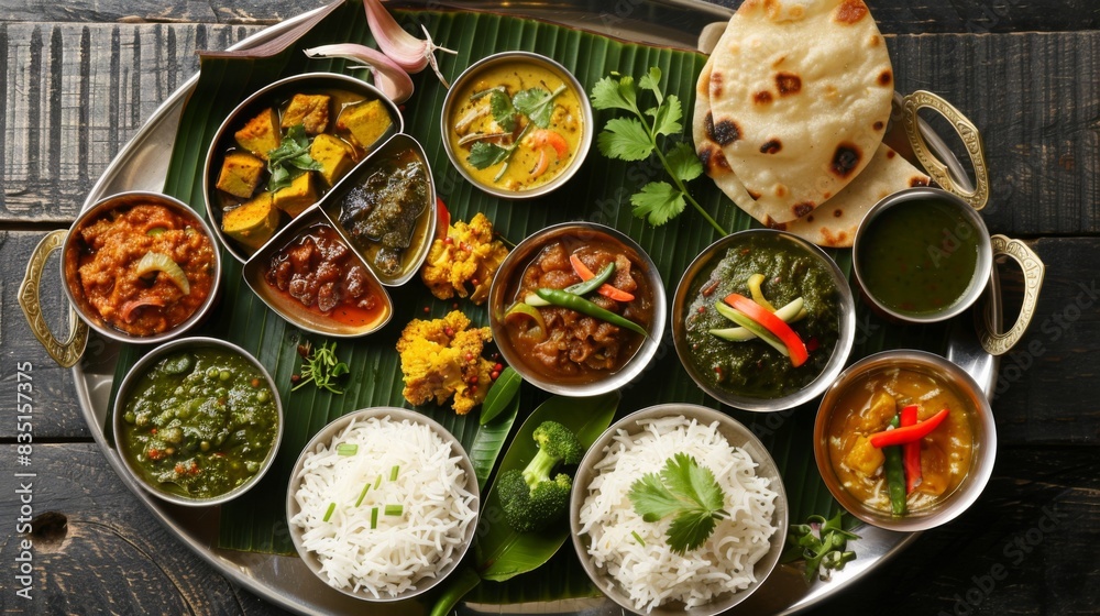 A traditional Indian thali platter filled with assorted vegetarian and non-vegetarian dishes, accompanied by rice, bread, and chutneys, set on a banana leaf.