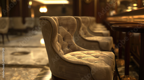Luxurious Velvet Armchairs in an Elegant Restaurant Bar with Upscale Furniture photo