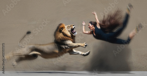 A dramatic scene where a ferocious lion lunges towards a woman who seems to be reacting in fear or defiance, their movements blurred, creating a sense of tension and danger.