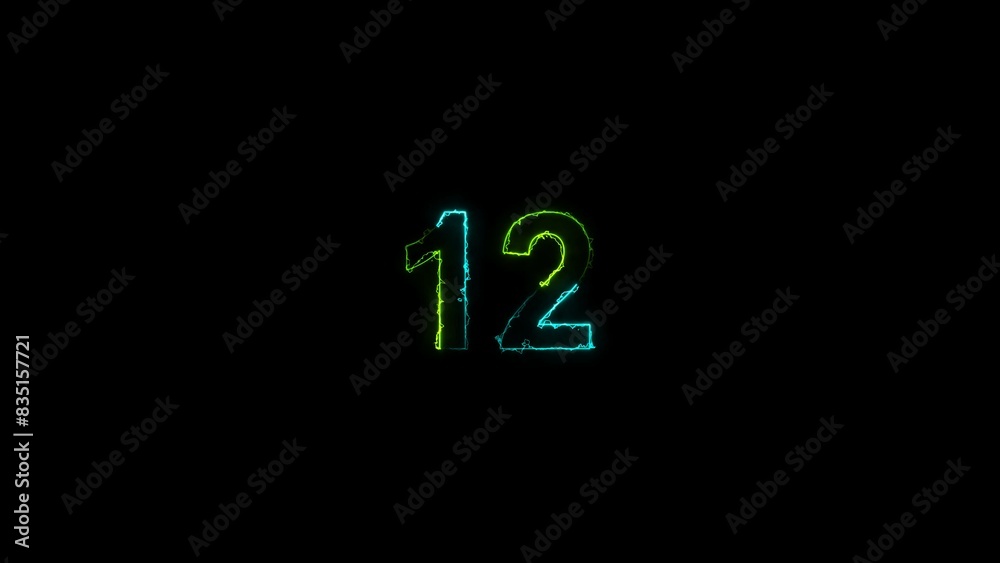 Countdown twelve number, cyan, lime green, neon light illustration. Black background UHD 4k illustration. Countdown twelve number, cyan, lime green, neon light illustration. Black background UHD 4k illustration.