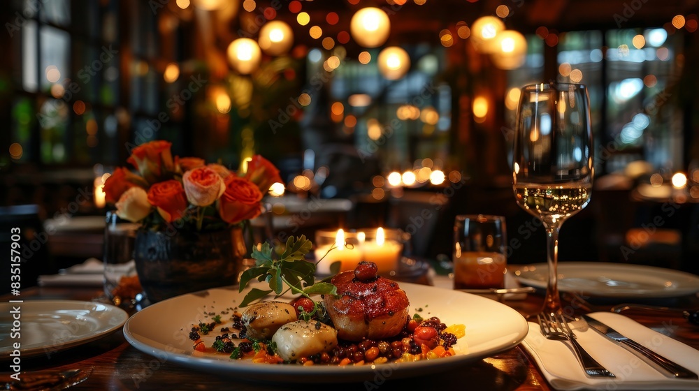 91. A beautifully plated entr�e in a sophisticated restaurant, candlelit ambiance, and gourmet flavors
