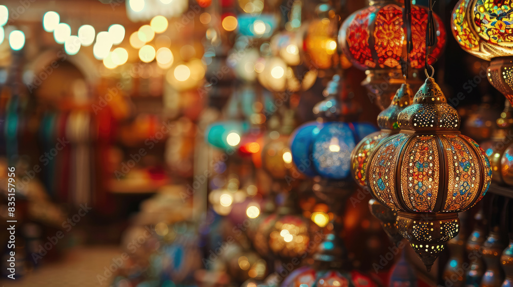 Fototapeta premium Colorful Moroccan Lanterns in a vibrant market with intricate designs