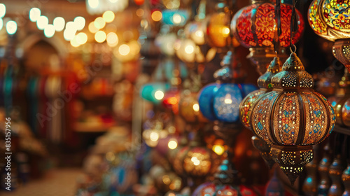 Colorful Moroccan Lanterns in a vibrant market with intricate designs