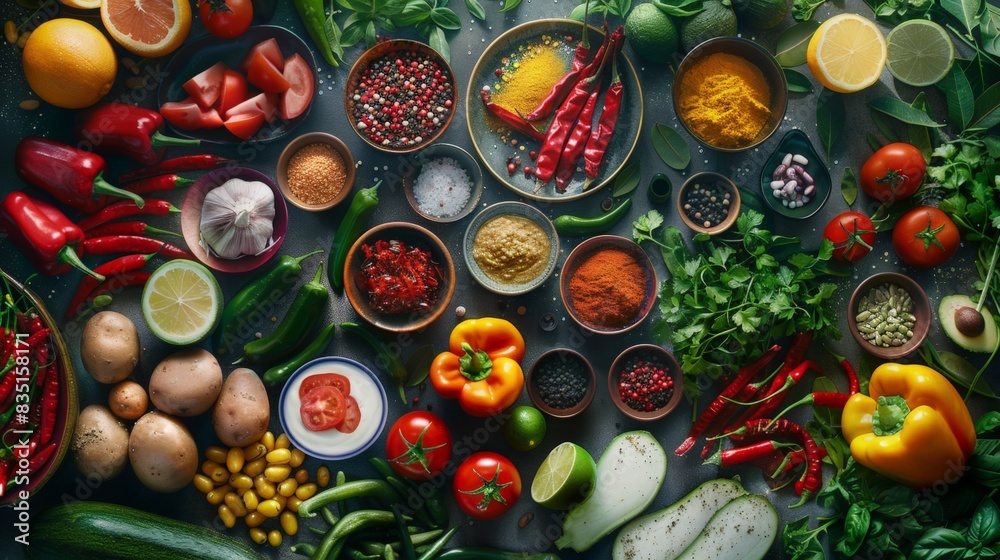 Top view of vibrant fresh vegetables, spices, and herbs on a dark background. Perfect for culinary, food, and health-related themes. Top view of vibrant fresh vegetables, spices, and herbs on a dark background. Perfect for culinary, food, and health-related themes.