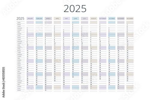 Calendar vertical, planner, date, calender, planner for 2025. Vector Stationery Design Print 2025 Template with Place for Photo, Your Logo and Text. calendar design 2025